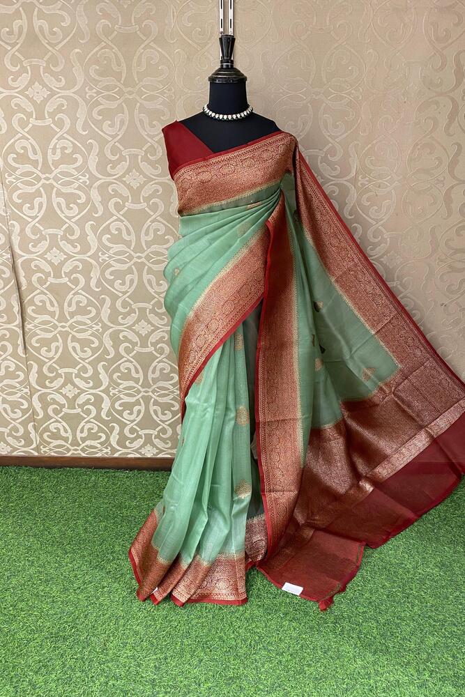 Pista Green Kora Banarasi Silk Saree, With Unstiched Blouse
