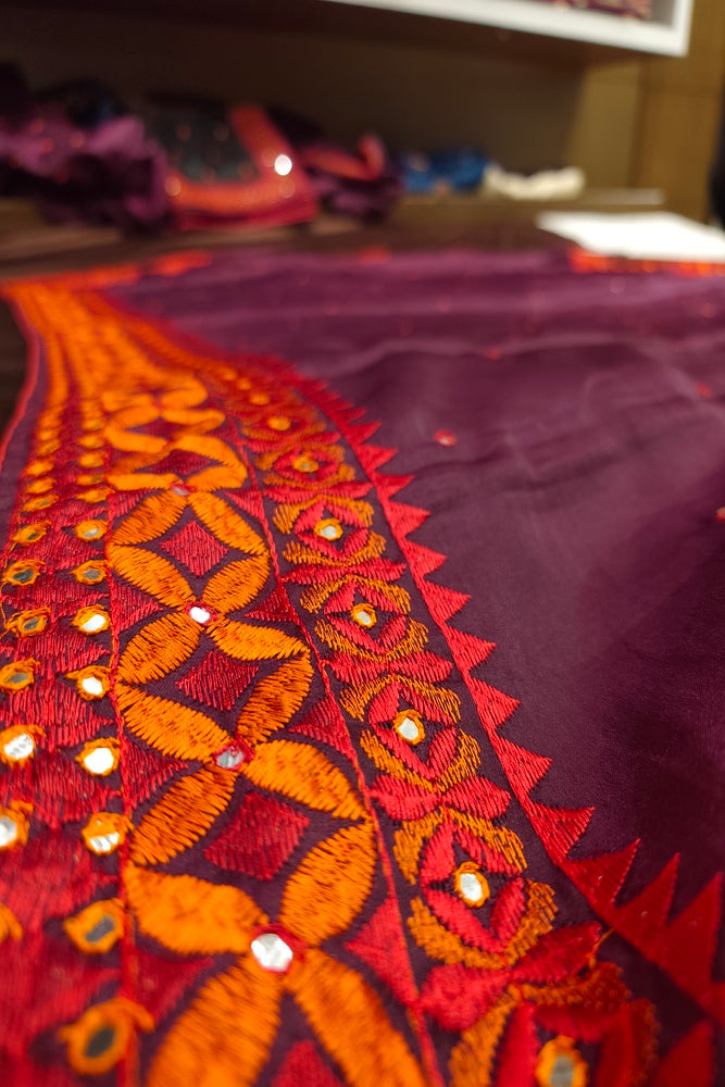 Deep Purple Semi Munga Silk Cross Stitch Work Saree, With Unstiched Blouse