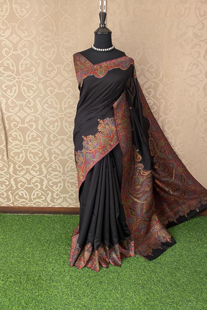 Black Pure Kani Handloom Silk Saree With Unstiched Jamewar Woven Blouse