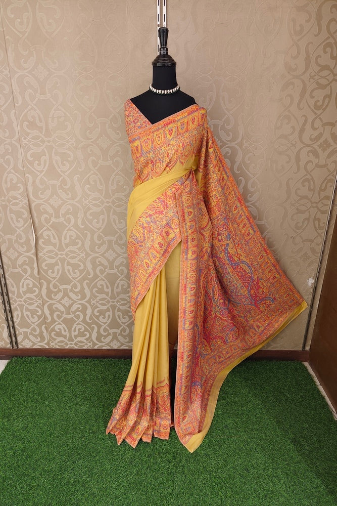 Mustard Yellow Pure Kani Handloom Silk Saree With Floral Woven Blouse