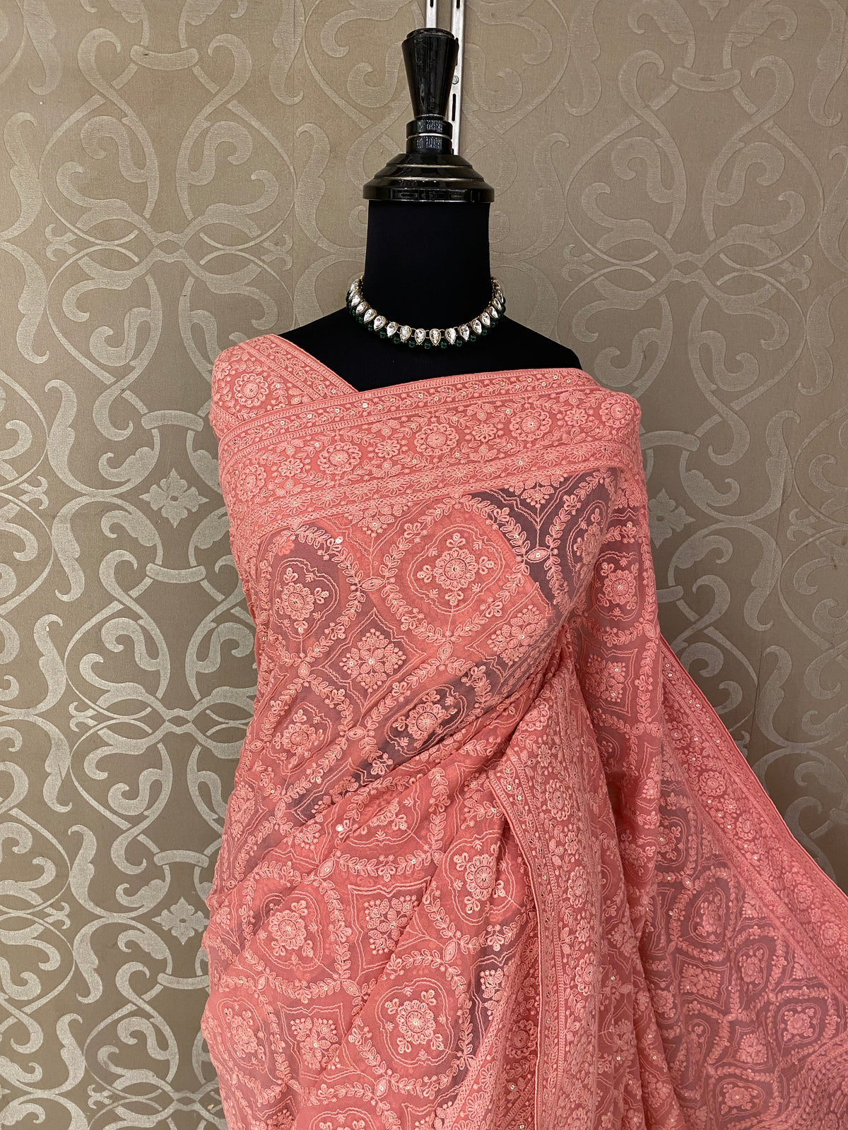 Pink Georgette Chikankari Embroidery Saree, With Unstitched Blouse