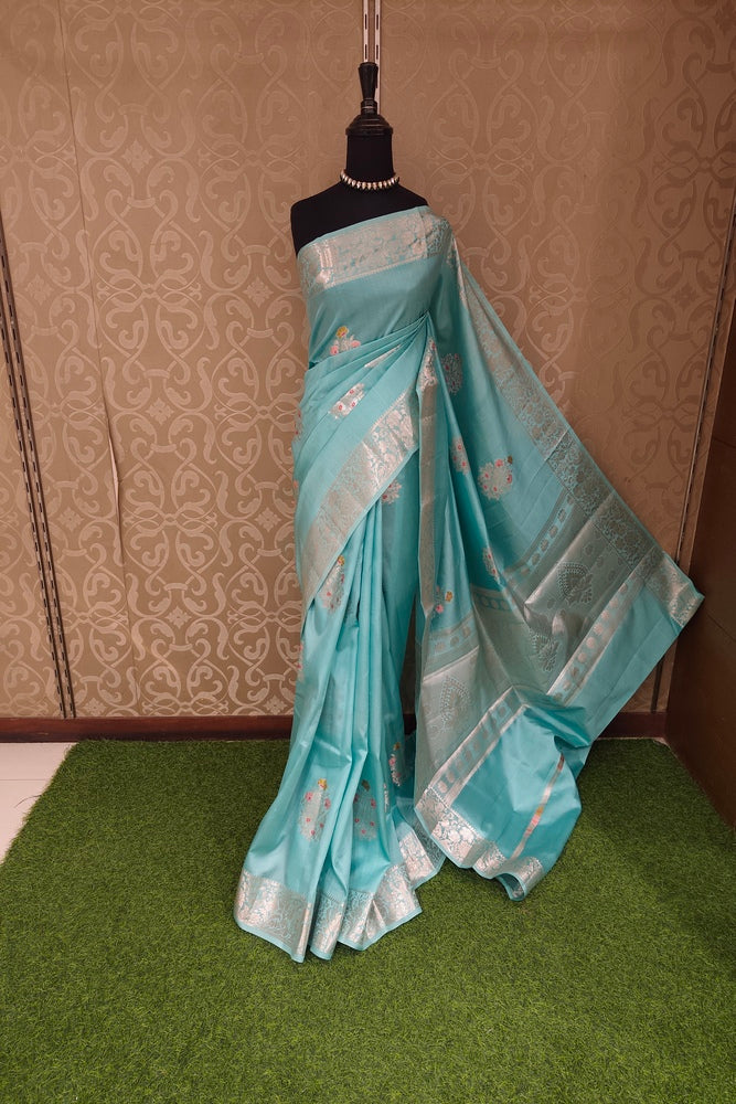 Sky Chiniya Silk Saree Hand Woven Butas, With Unstiched Blouse