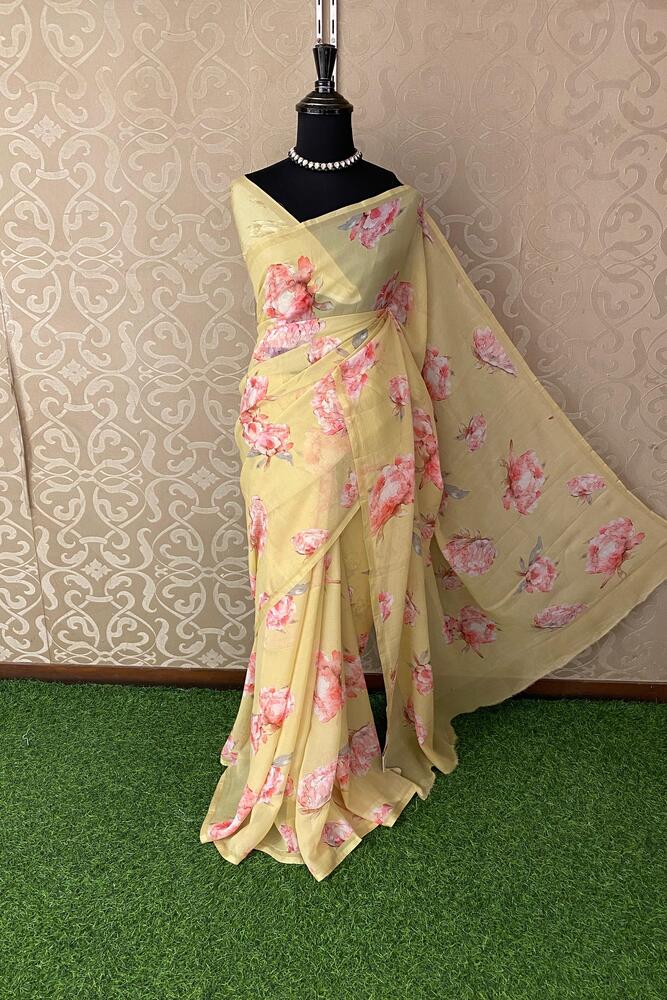 Light Yellow Floral Printed Chiffon Saree, With Unstiched Blouse Piece