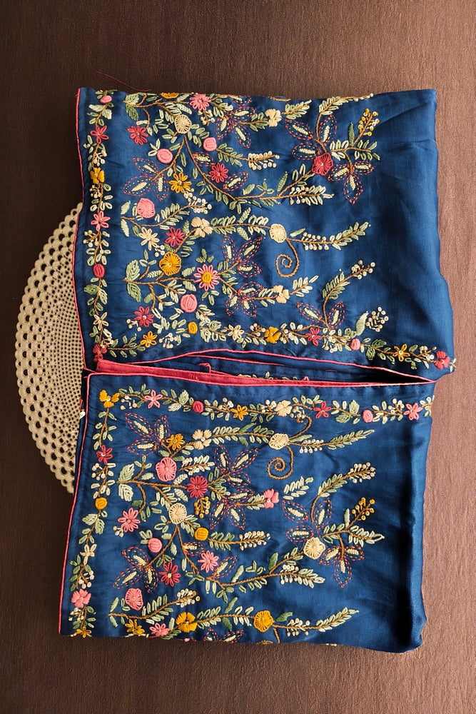 Deep Teal Blue Semi Munga Silk French Knot Hand Embroidery Work Saree, With Unstiched Blouse