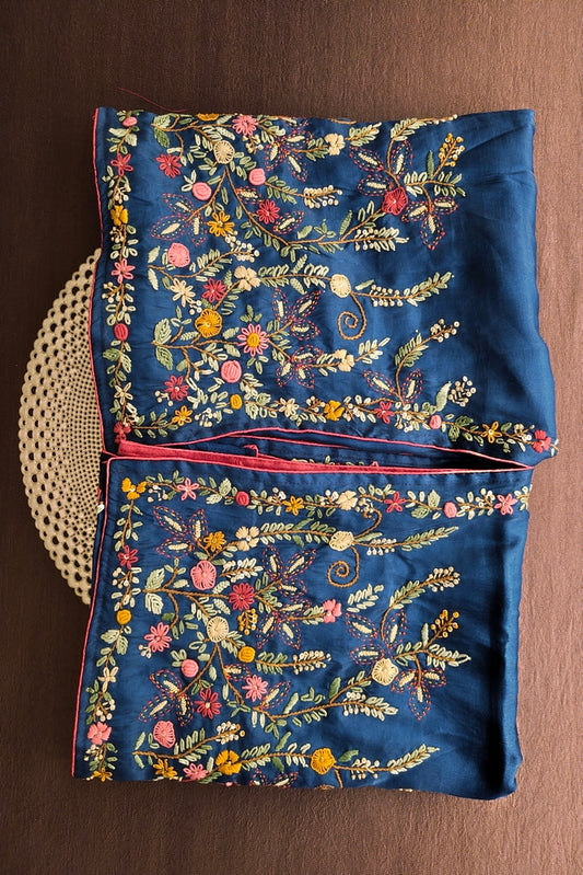 Deep Teal Blue Semi Munga Silk French Knot Hand Embroidery Work Saree, With Unstiched Blouse