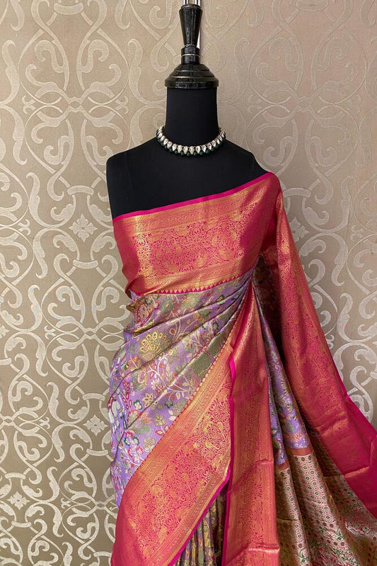 Multi Purple Pure Kanjeevaram Silk Saree, With Unstiched Blouse