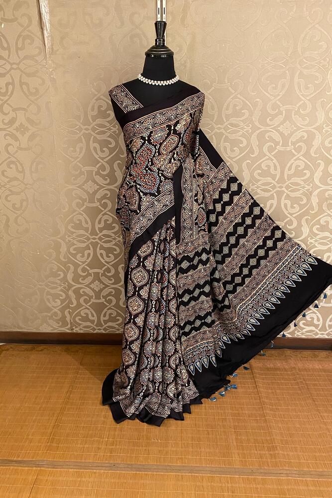 Black Pure Modal Silk Ajrakh Printed Saree With Unstiched Blouse