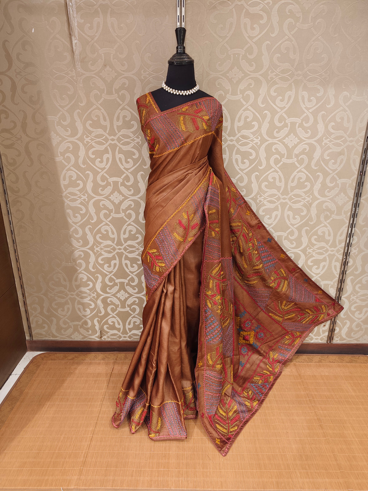 Copper Tussar Hand Embroidery Saree, With Unstitched Blouse