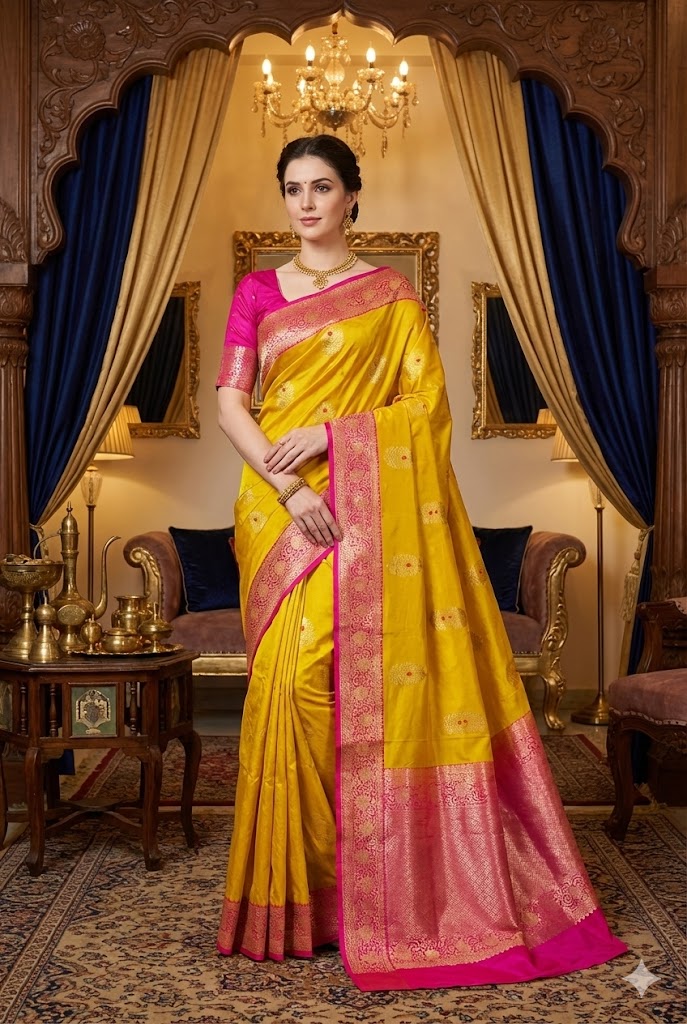 Mustard Yellow Katan Banarasi Saree Hand Woven Work, With Unstiched Blouse