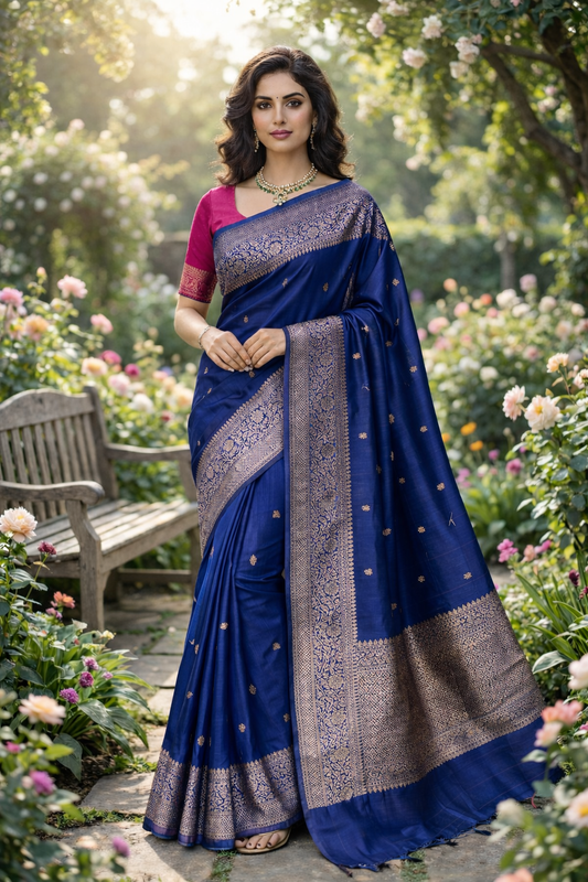 Deep Blue Pure Raw Tussar Banarasi Silk Saree, Hand Woven Motifs With Unstiched Blouse