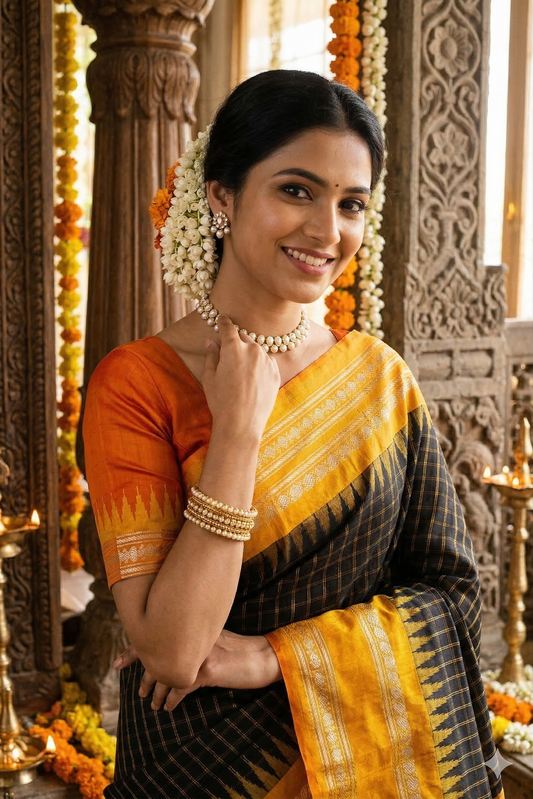 Black Gadwal silk saree with intricate gold border and matching unstitched blouse, traditional Indian wear by Saarang Sarees.