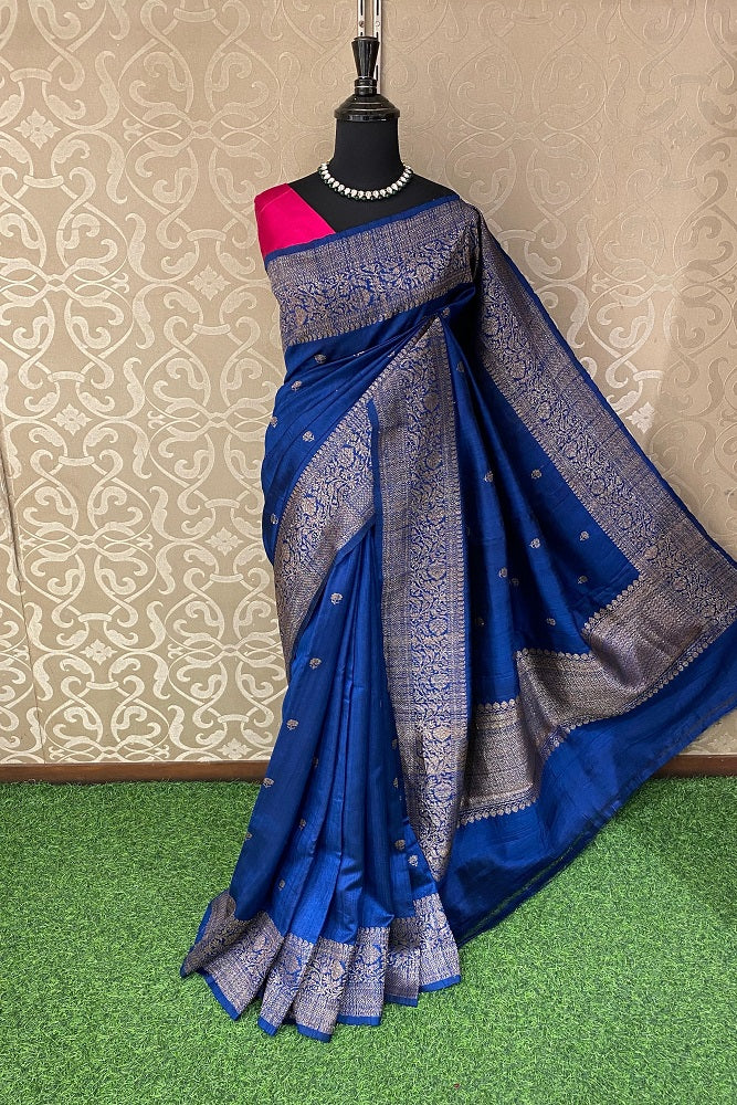 Deep Blue Pure Raw Tussar Banarasi Silk Saree, Hand Woven Motifs With Unstiched Blouse