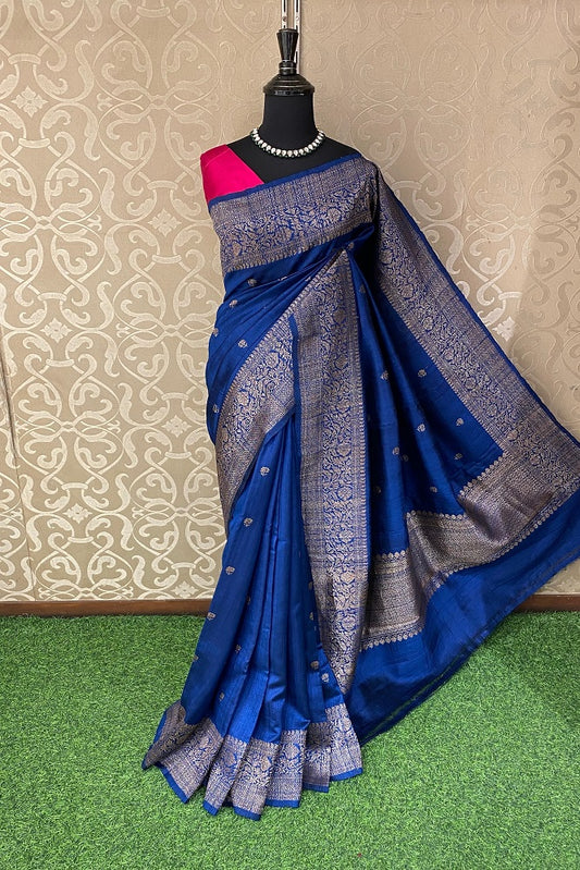 Deep Blue Pure Raw Tussar Banarasi Silk Saree, Hand Woven Motifs With Unstiched Blouse