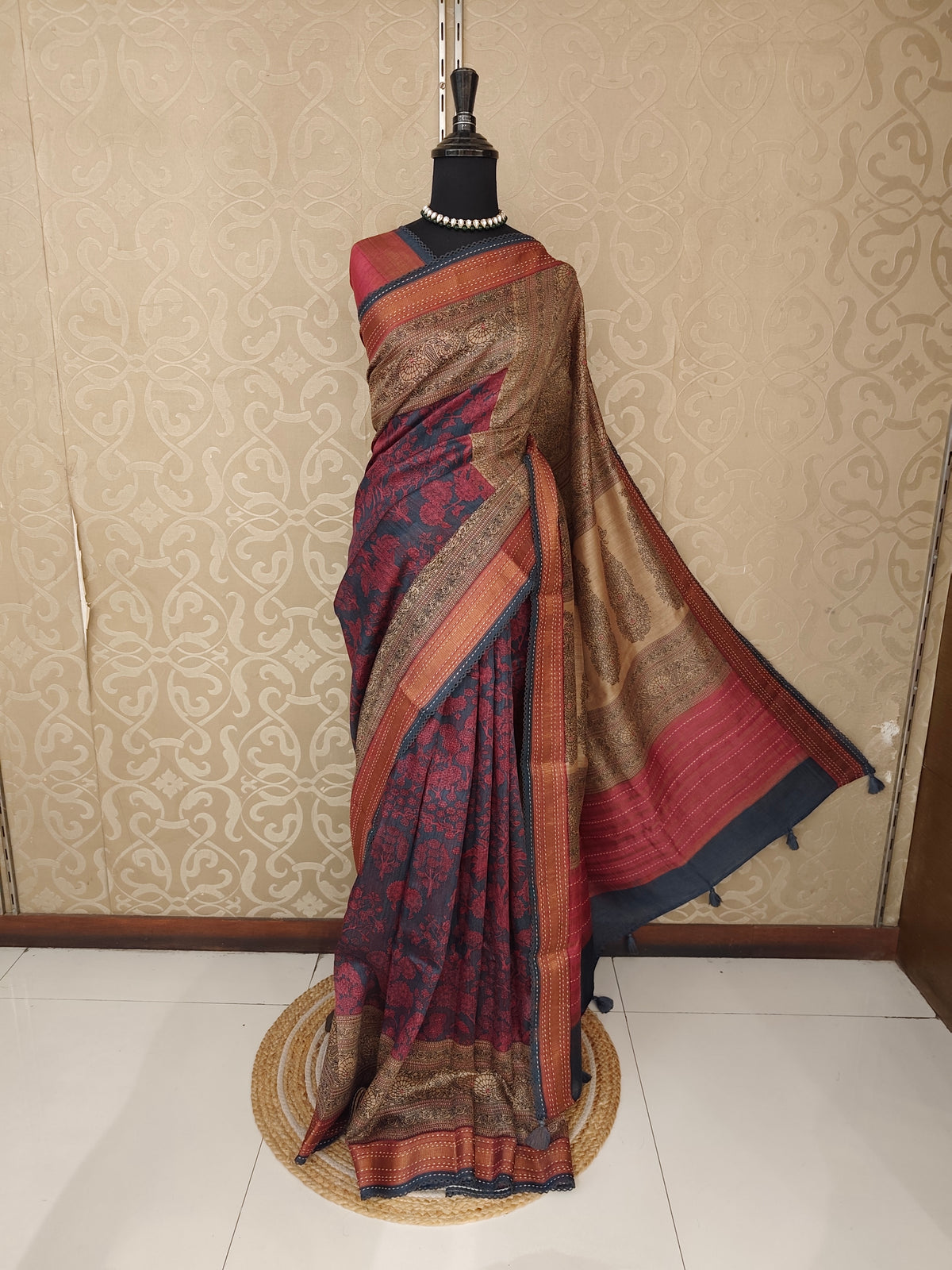 Deep Grey & Red Munga Silk Printed Saree With Kantha Work, With Unstiched Blouse