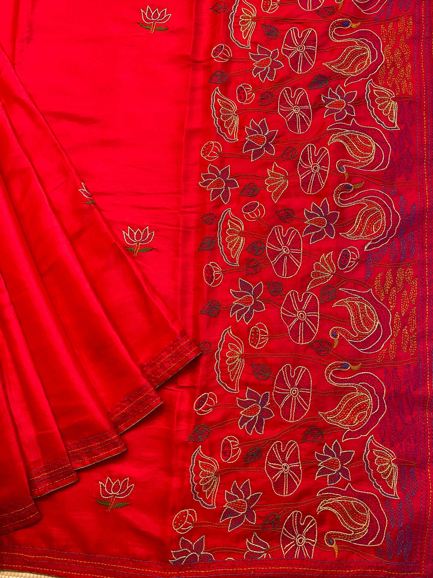 Maroon Semi Munga Silk French Knot Hand Embroidery Work Saree, With Unstiched Blouse