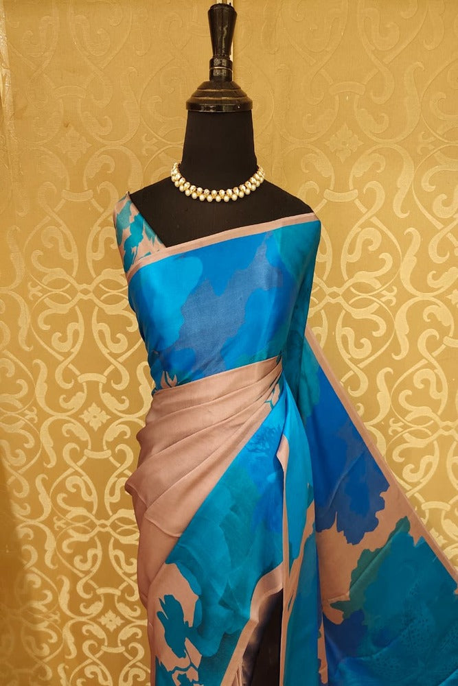 Dusty Rose & Blue Floral Printed Satin Crepe Saree, With Unstiched Blouse
