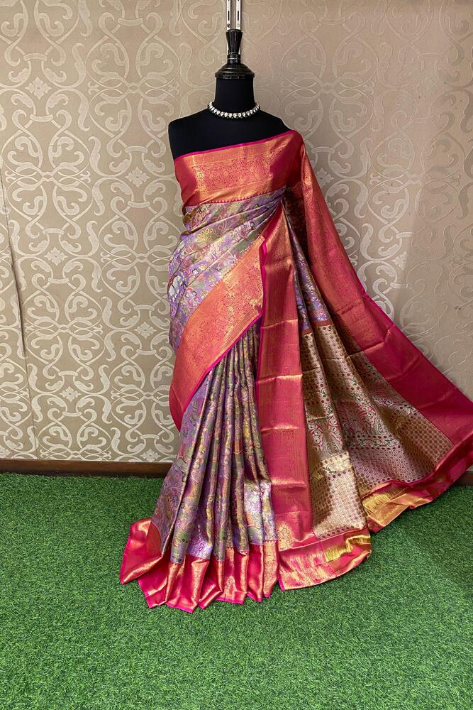 Multi Purple Pure Kanjeevaram Silk Saree, With Unstiched Blouse