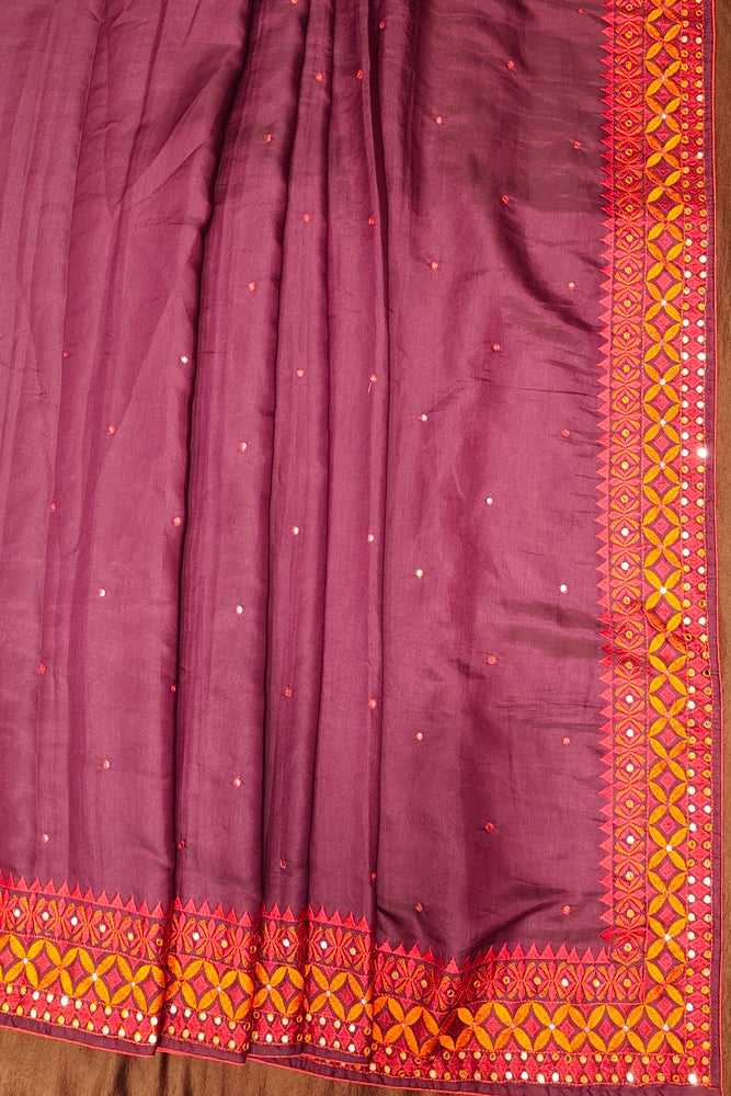 Deep Purple Semi Munga Silk Cross Stitch Work Saree, With Unstiched Blouse