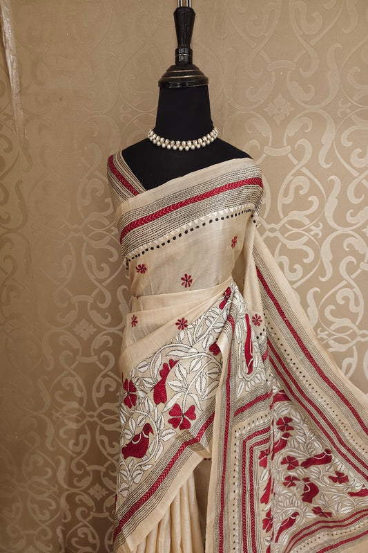 Off-White Tussar Embroidery Saree With Kantha Work Border, With Unstitched Blouse