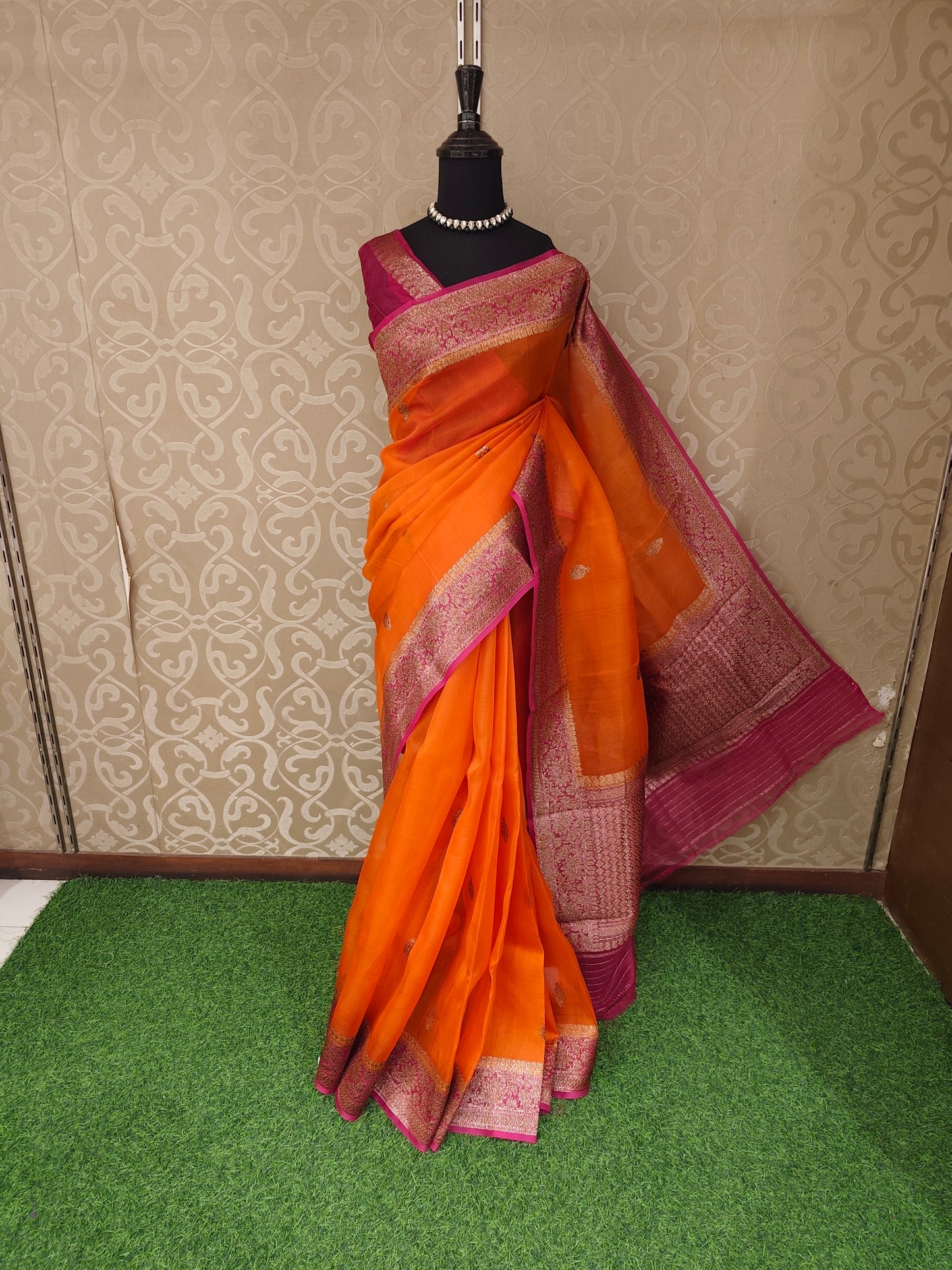 Saffron Kora Banarasi Silk Saree, With Unstiched Blouse