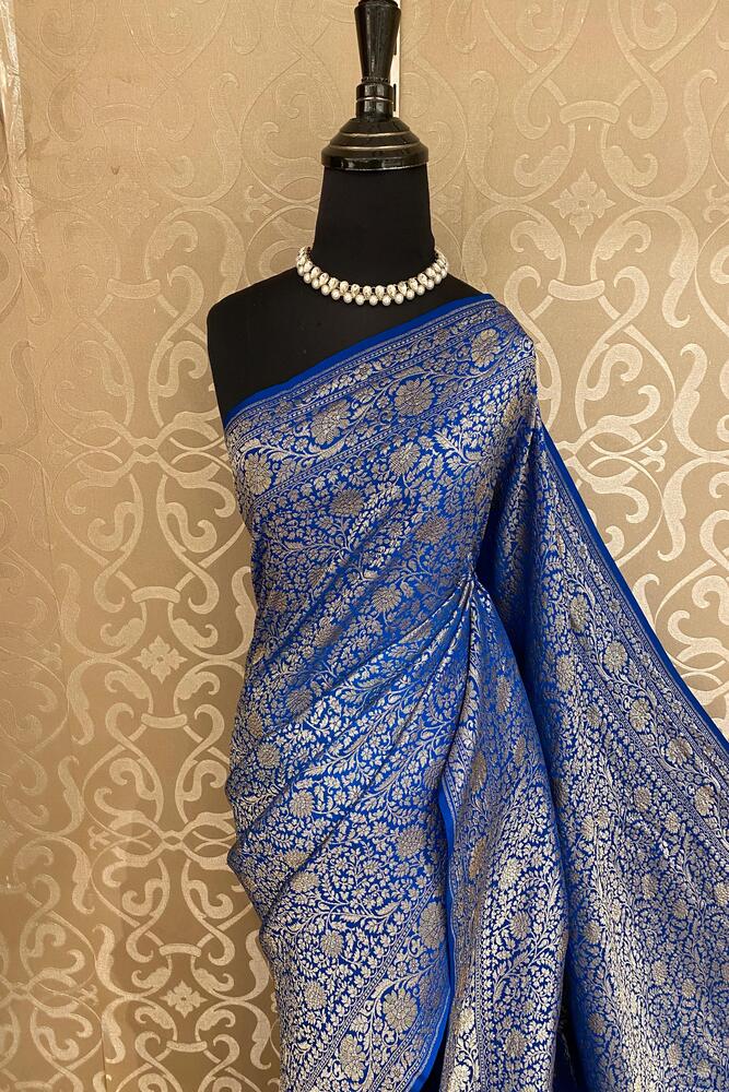 Indigo Blue Crepe Khaddi Banarasi Silk Saree With Unstiched Blouse