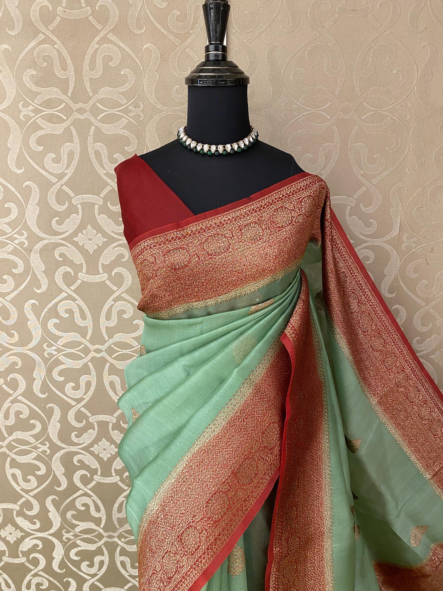 Pista Green Kora Banarasi Silk Saree, With Unstiched Blouse