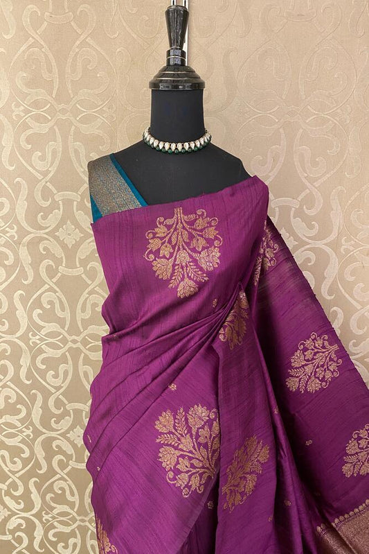 Deep Purple Pure Raw Tussar Banarasi Silk Saree, Hand Woven Motifs With Unstiched Blouse