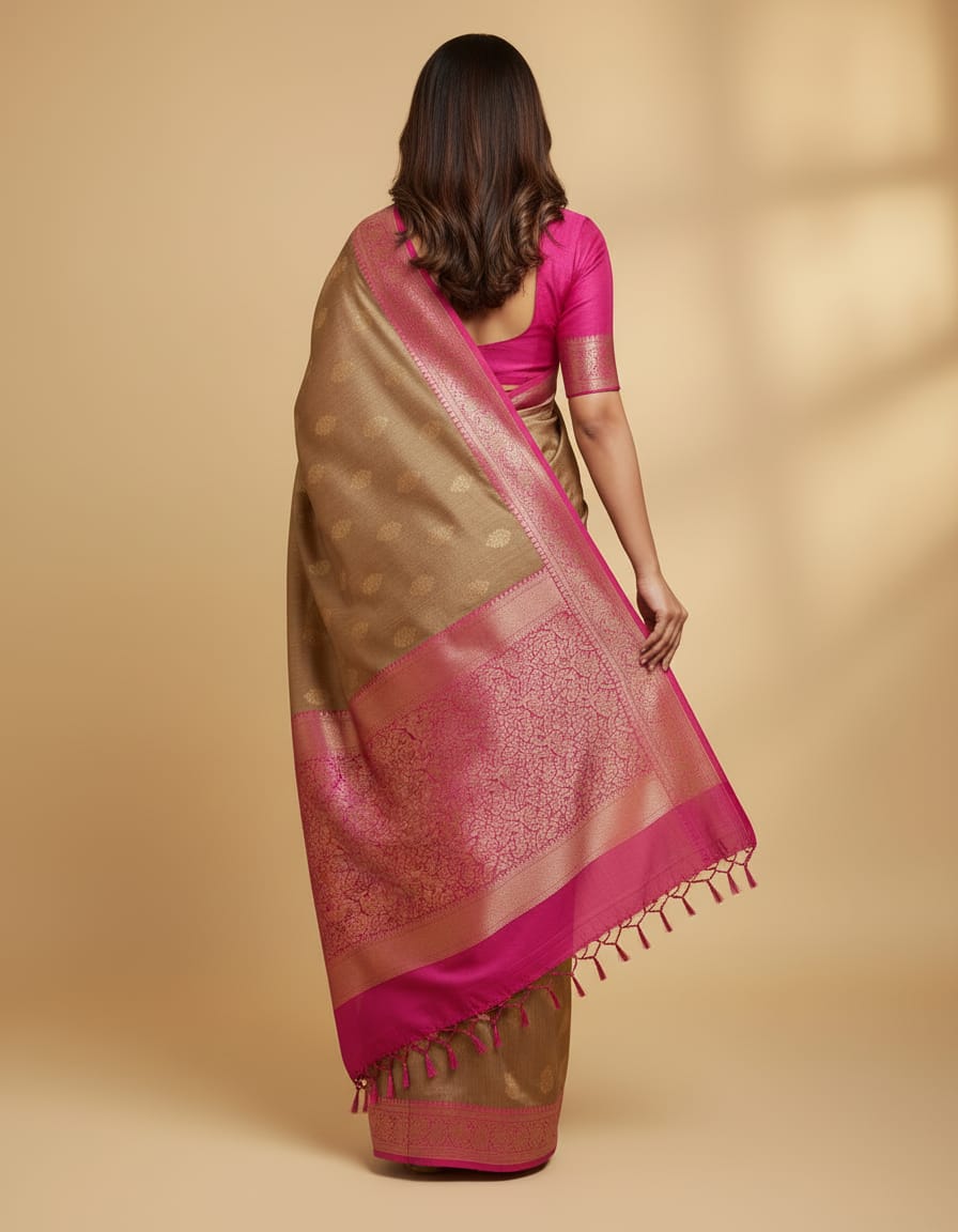 Deep beige Munga Banarasi silk saree with intricate gold zari work and matching unstiched blouse, traditional Indian attire by Saarang Sarees.