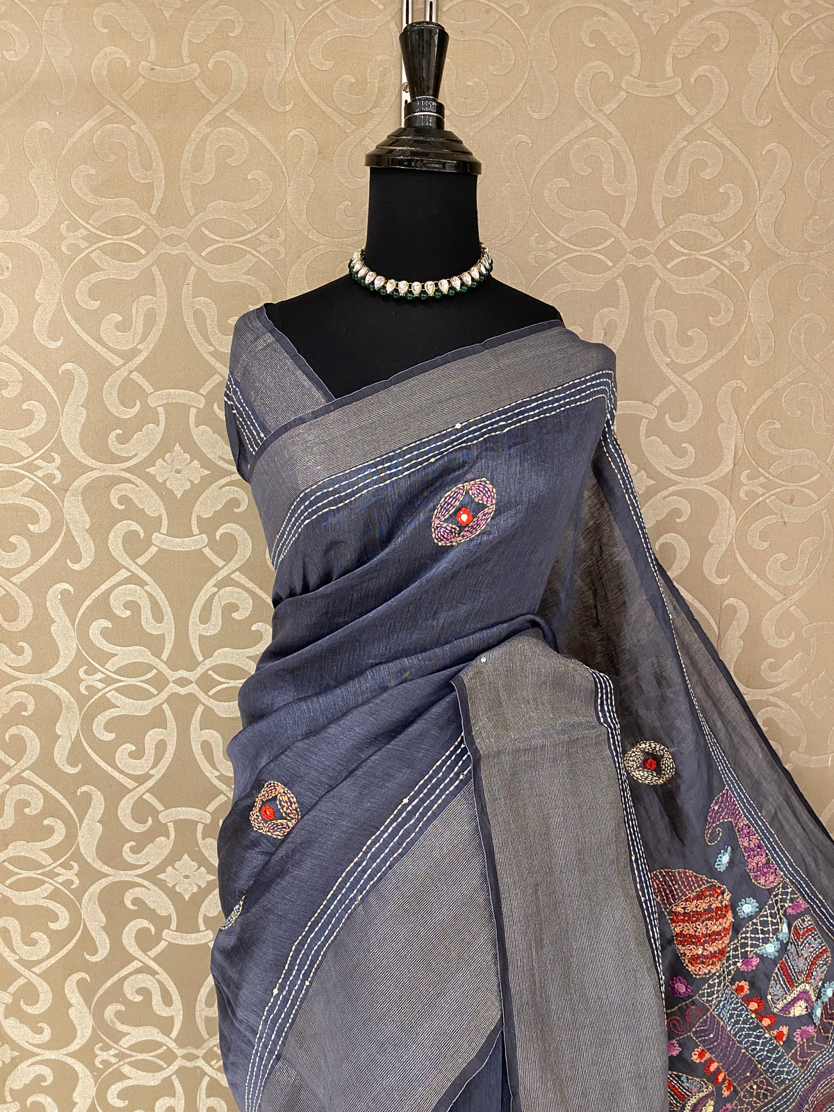 Deep Blue Linen Silk Saree Hand Embroidered Work, With Unstiched Blouse