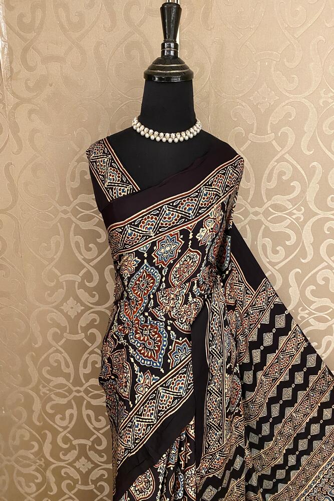 Black Pure Modal Silk Ajrakh Printed Saree With Unstiched Blouse