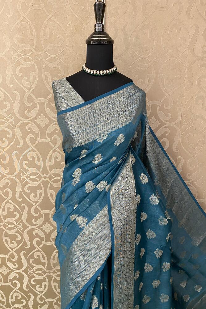 Teal Blue Linen Banarasi Saree With Unstiched Blouse