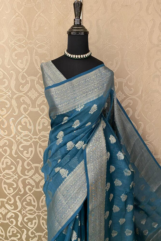Teal Blue Linen Banarasi Saree With Unstiched Blouse