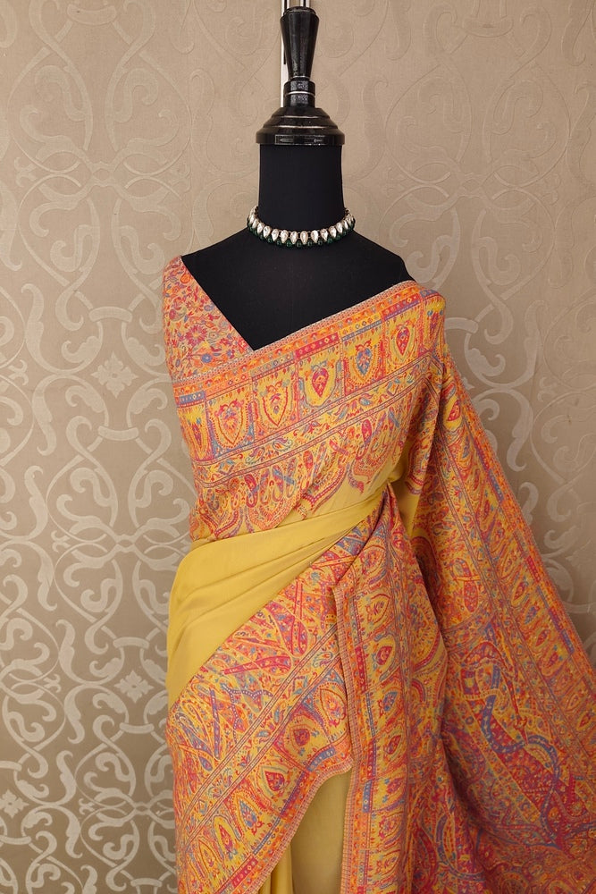 Mustard Yellow Pure Kani Handloom Silk Saree With Floral Woven Blouse