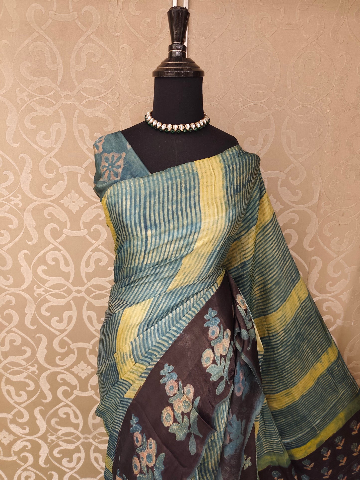 Yellow & Blue Pure Modal Silk Ajrakh Printed Saree With Unstich Blouse