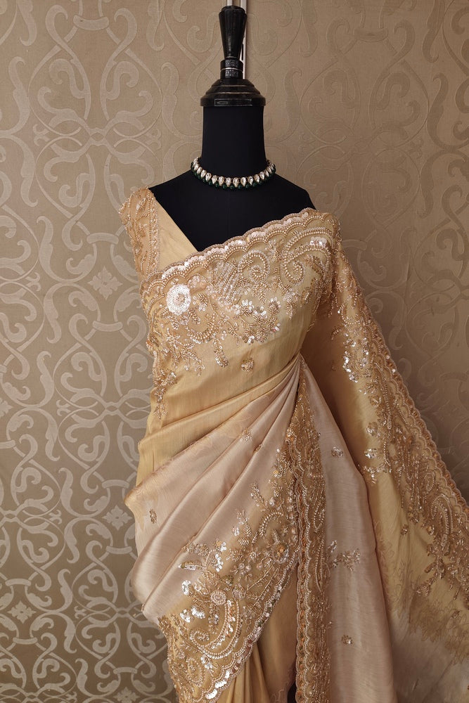 Golden Tissue Kanjeevaram Silk Sarees With Embroidery Work, With Unstiched Blouse