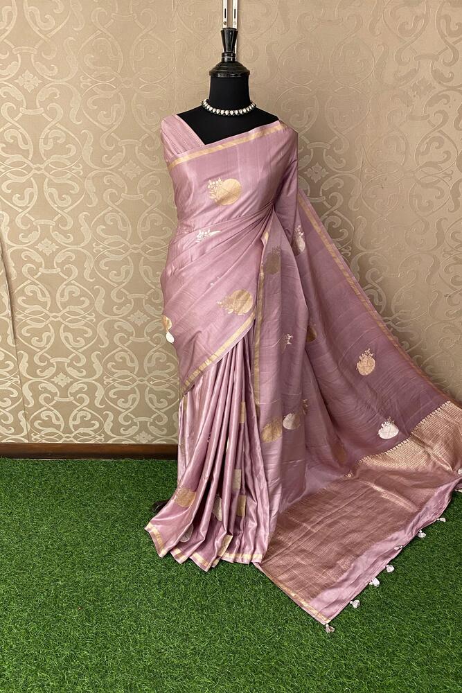 Purple Mashru Silk Banarasi Handloom Saree, With Unstiched Blouse