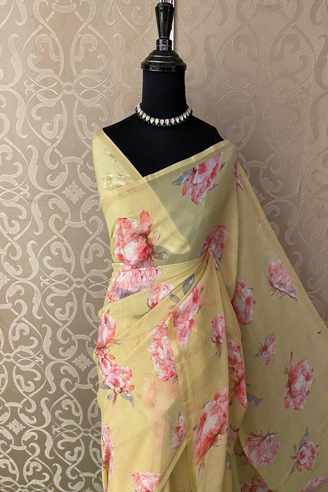 Light Yellow Floral Printed Chiffon Saree, With Unstiched Blouse Piece