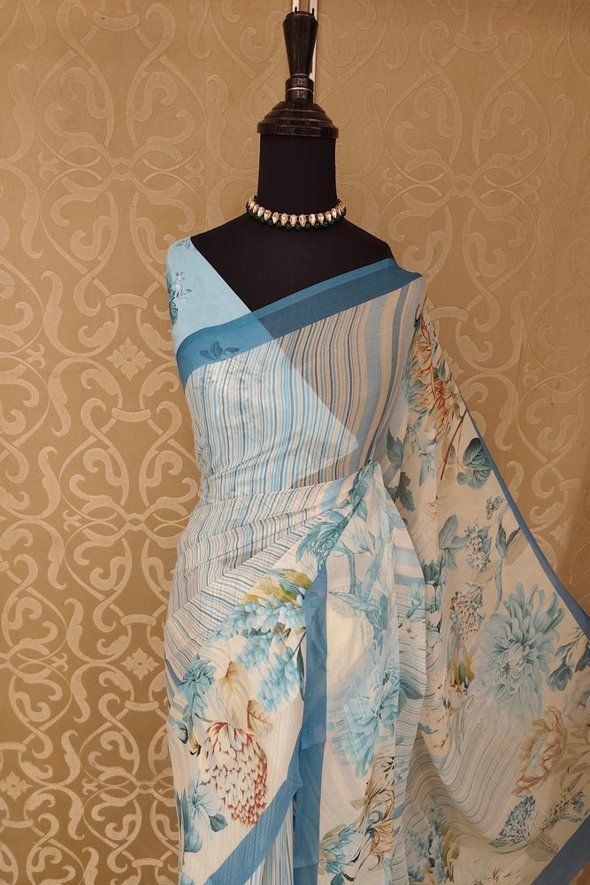 Off-White Sky Floral Printed Chiffon Saree, With Unstiched Blouse Piece