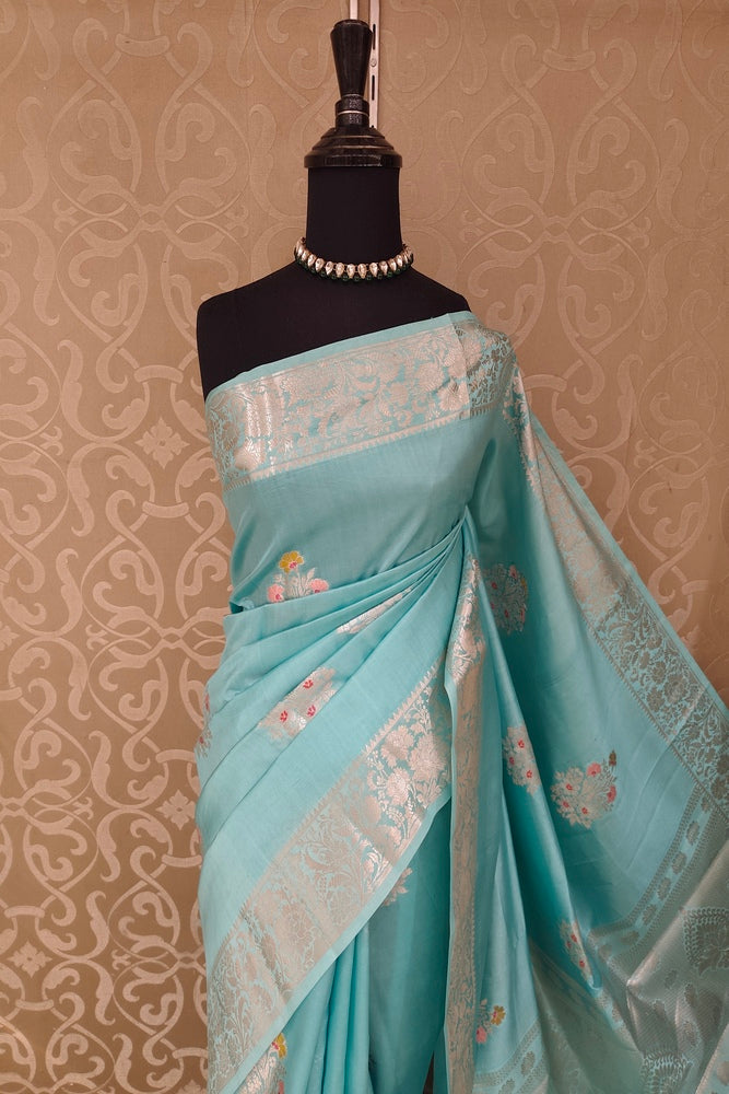 Sky Chiniya Silk Saree Hand Woven Butas, With Unstiched Blouse