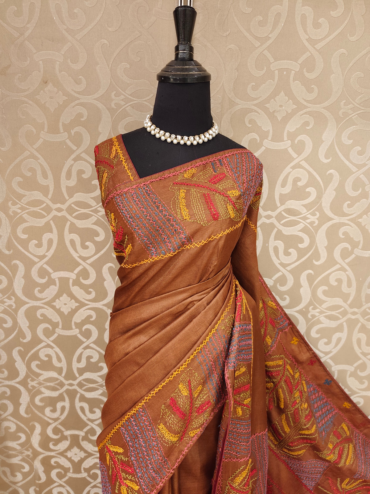 Copper Tussar Hand Embroidery Saree, With Unstitched Blouse