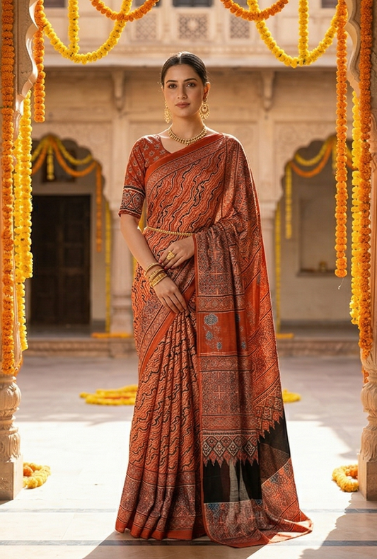 Red & Black Pure Modal Silk Ajrakh Printed Saree With Unstiched Blouse