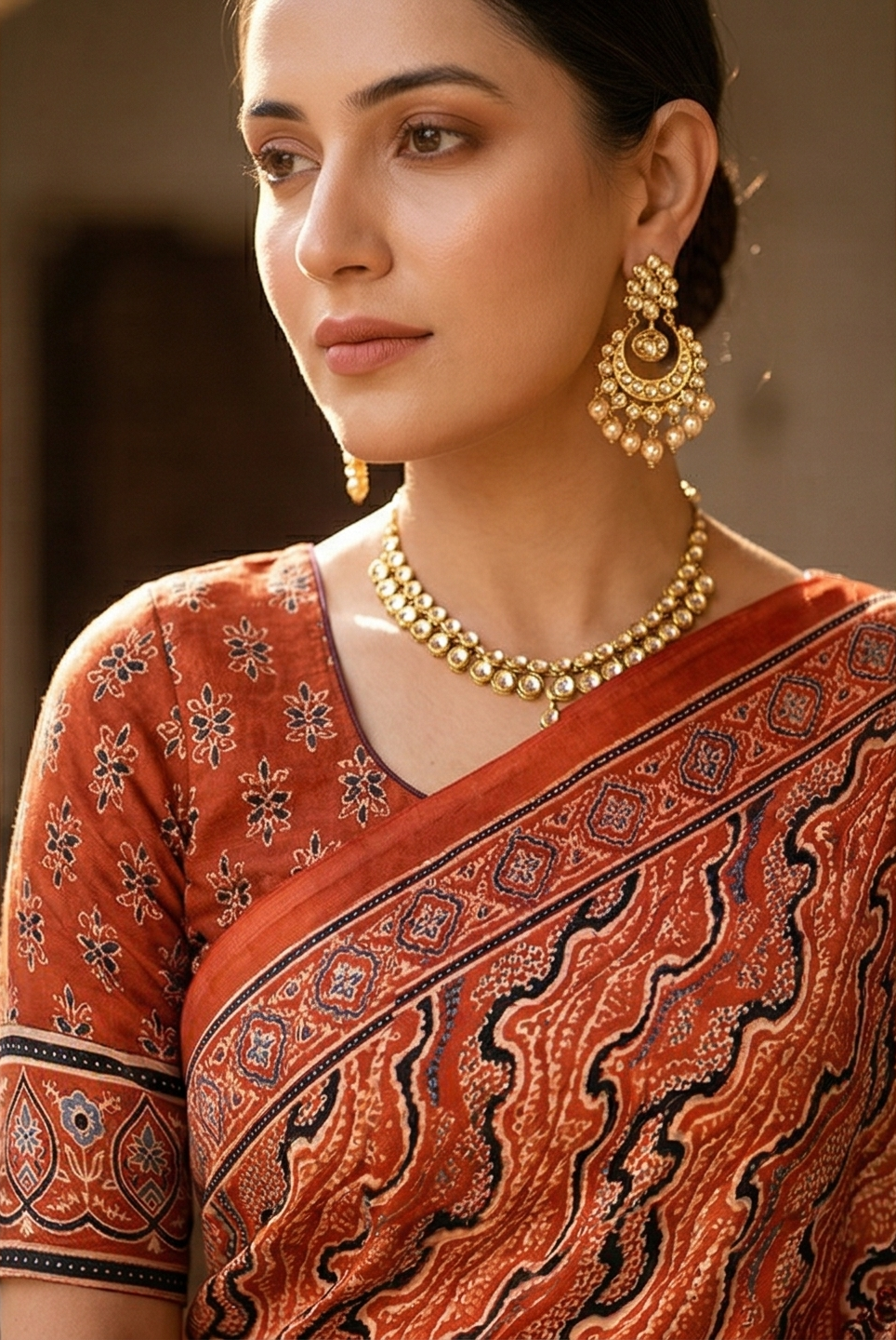 Red & Black Pure Modal Silk Ajrakh Printed Saree With Unstiched Blouse