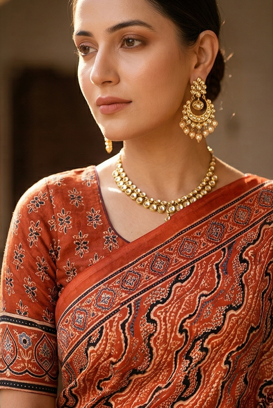 Red & Black Pure Modal Silk Ajrakh Printed Saree With Unstiched Blouse