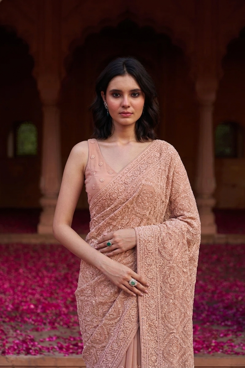 Light Brown Georgette Chikankari Embroidery Saree, With Unstitched Blouse