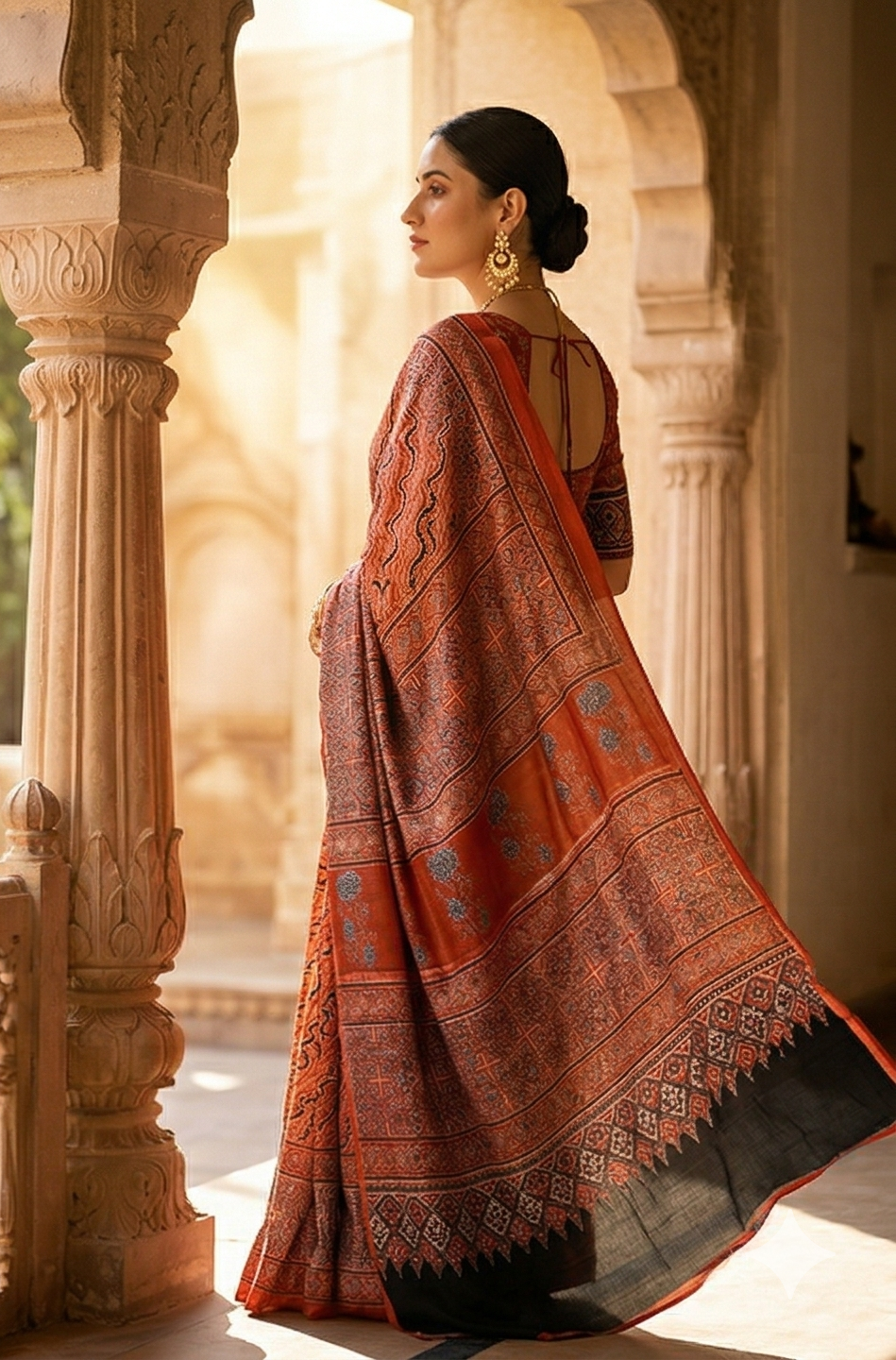 Red & Black Pure Modal Silk Ajrakh Printed Saree With Unstiched Blouse