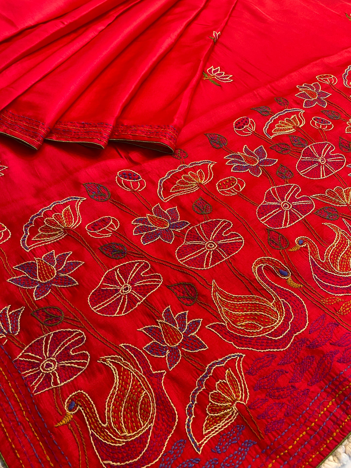 Maroon Semi Munga Silk French Knot Hand Embroidery Work Saree, With Unstiched Blouse