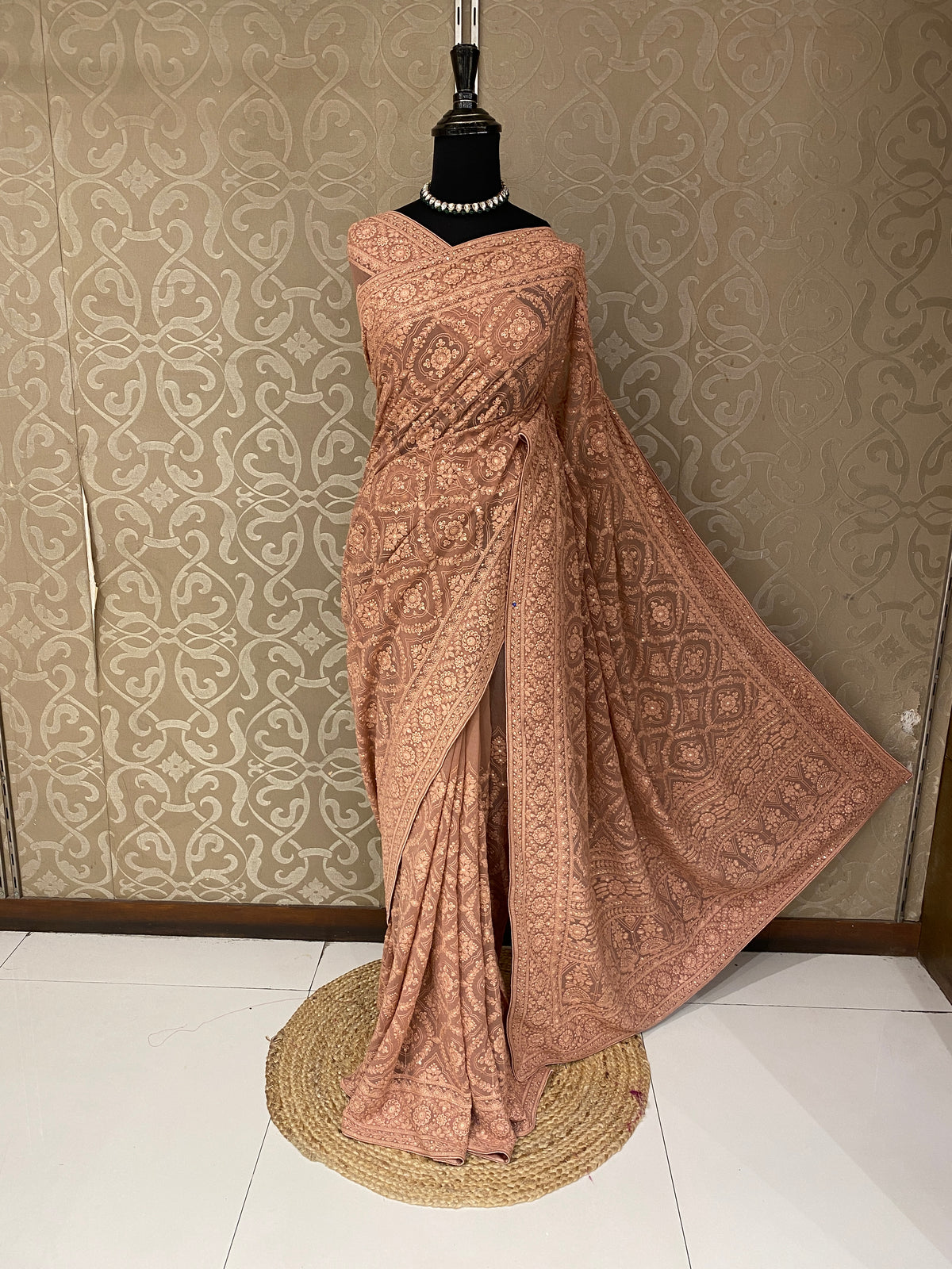 Light Brown Georgette Chikankari Embroidery Saree, With Unstitched Blouse