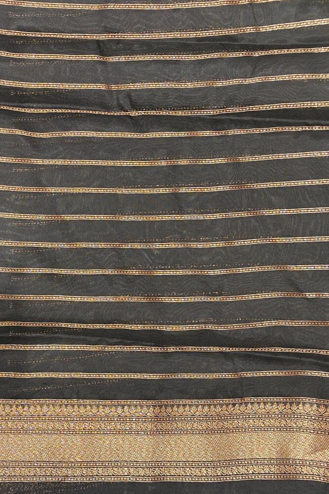 Black Brocade Kora Banarasi Silk Saree, With Unstiched Blouse