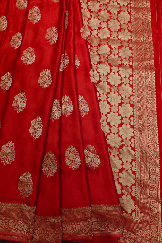 Red Semi Mashru Silk Sarees With Unstiched Blouse