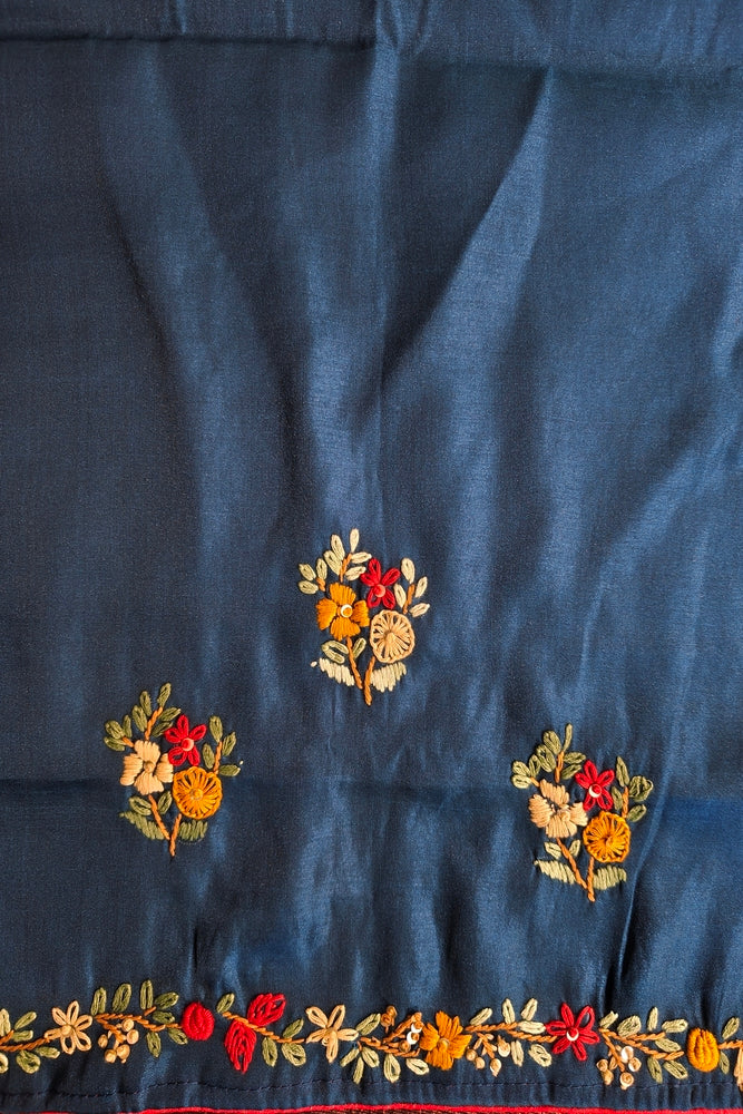 Deep Teal Blue Semi Munga Silk French Knot Hand Embroidery Work Saree, With Unstiched Blouse